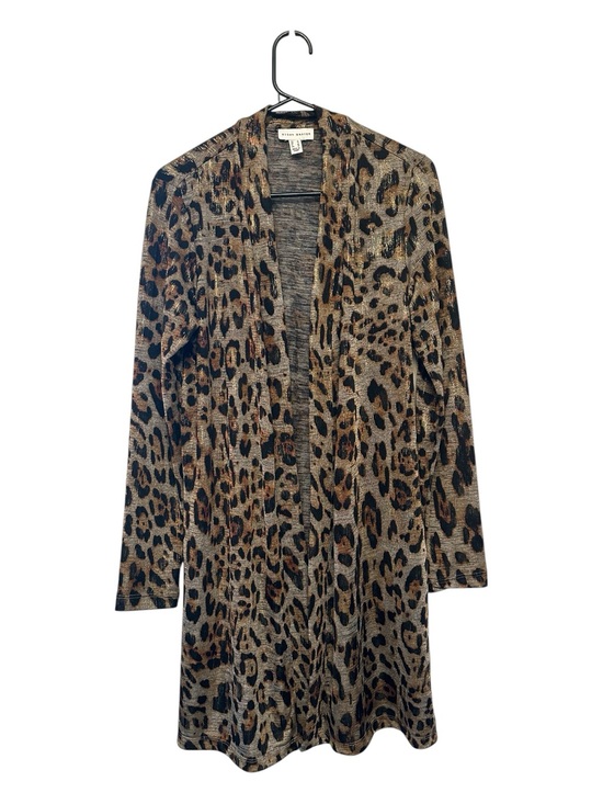 Susan Graver Sweaters - Susan Graver Metallic Leopard Print Open Front Cardigan with Pockets Size Small